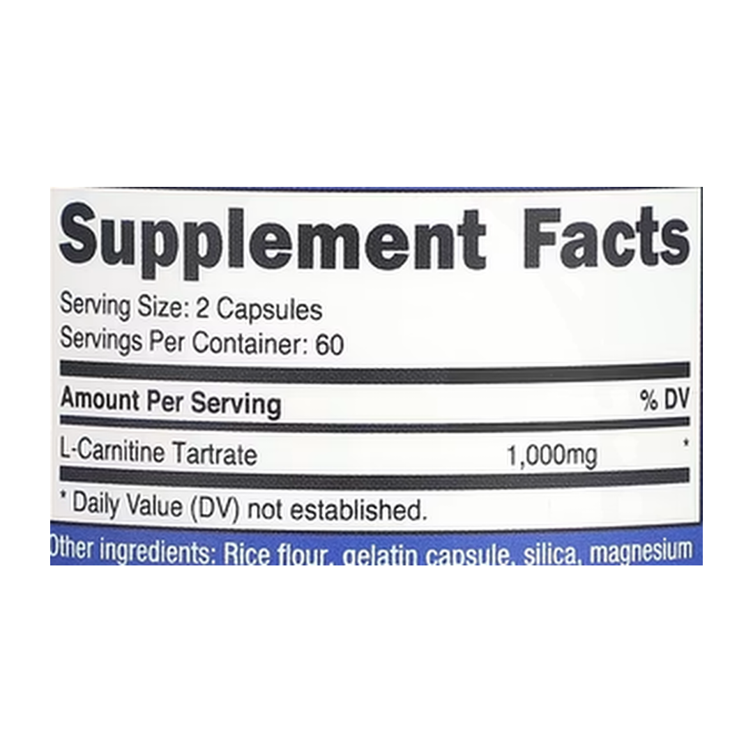 Nutricost, L-Carnitine Tartrate, 120 Capsules supplement facts label showing ingredients, vitamins, minerals, and serving information