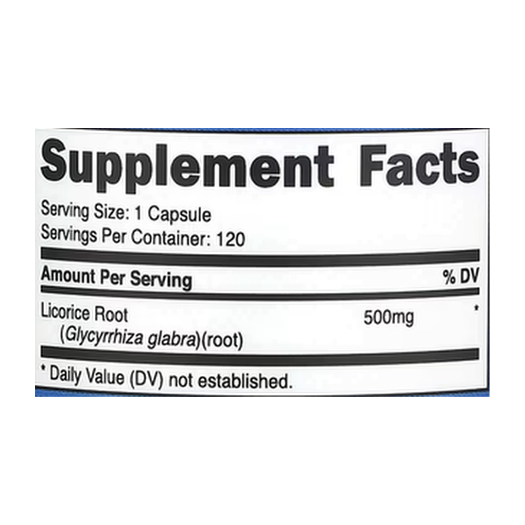 Nutricost, Licorice Root, 500 mg, 120 Capsules supplement facts label showing ingredients, vitamins, minerals, and serving information
