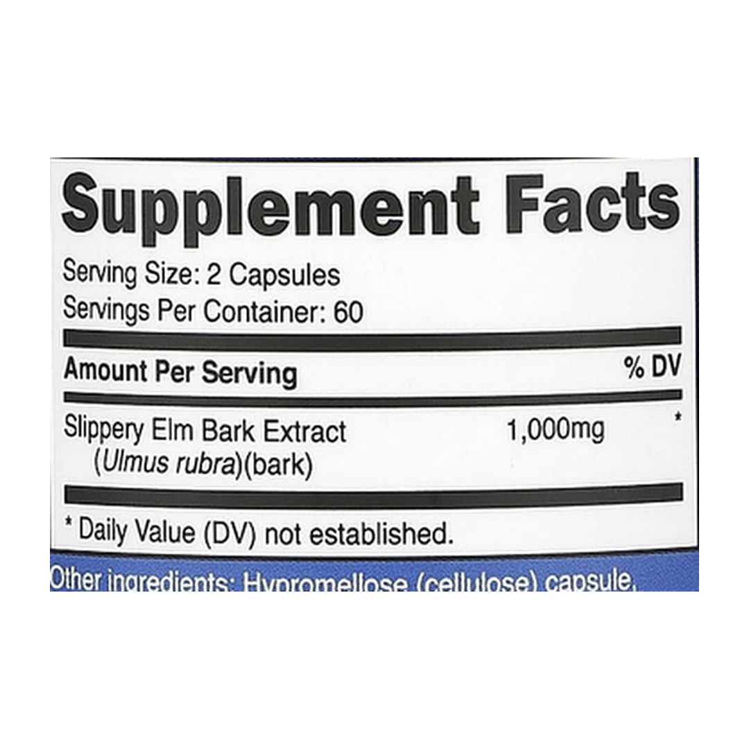 Nutricost, Slippery Elm Bark, 120 Capsules supplement facts label showing ingredients, vitamins, minerals, and serving information