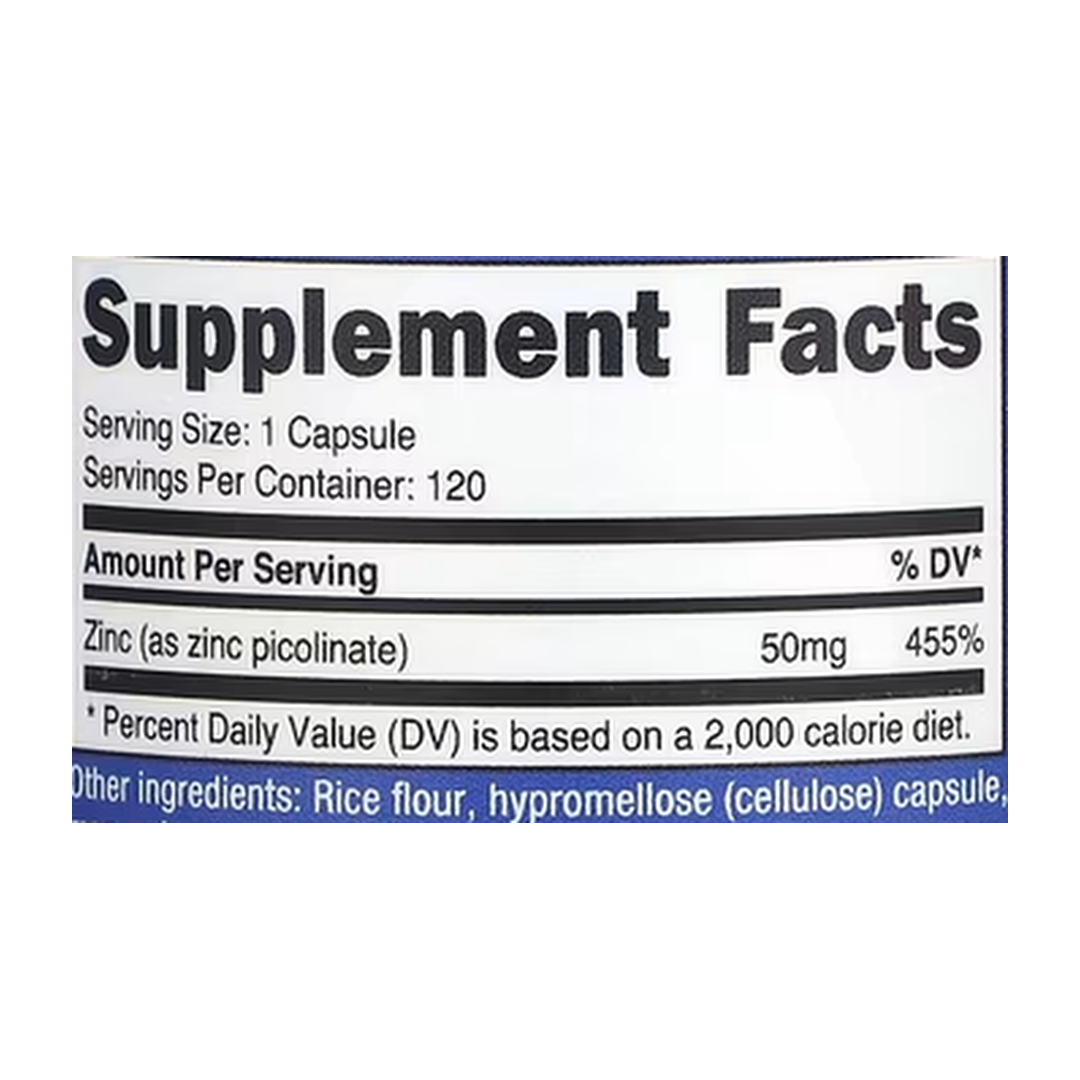 Nutricost, Zinc Picolinate, 50 mg, 120 Capsules supplement facts label showing ingredients, vitamins, minerals, and serving information
