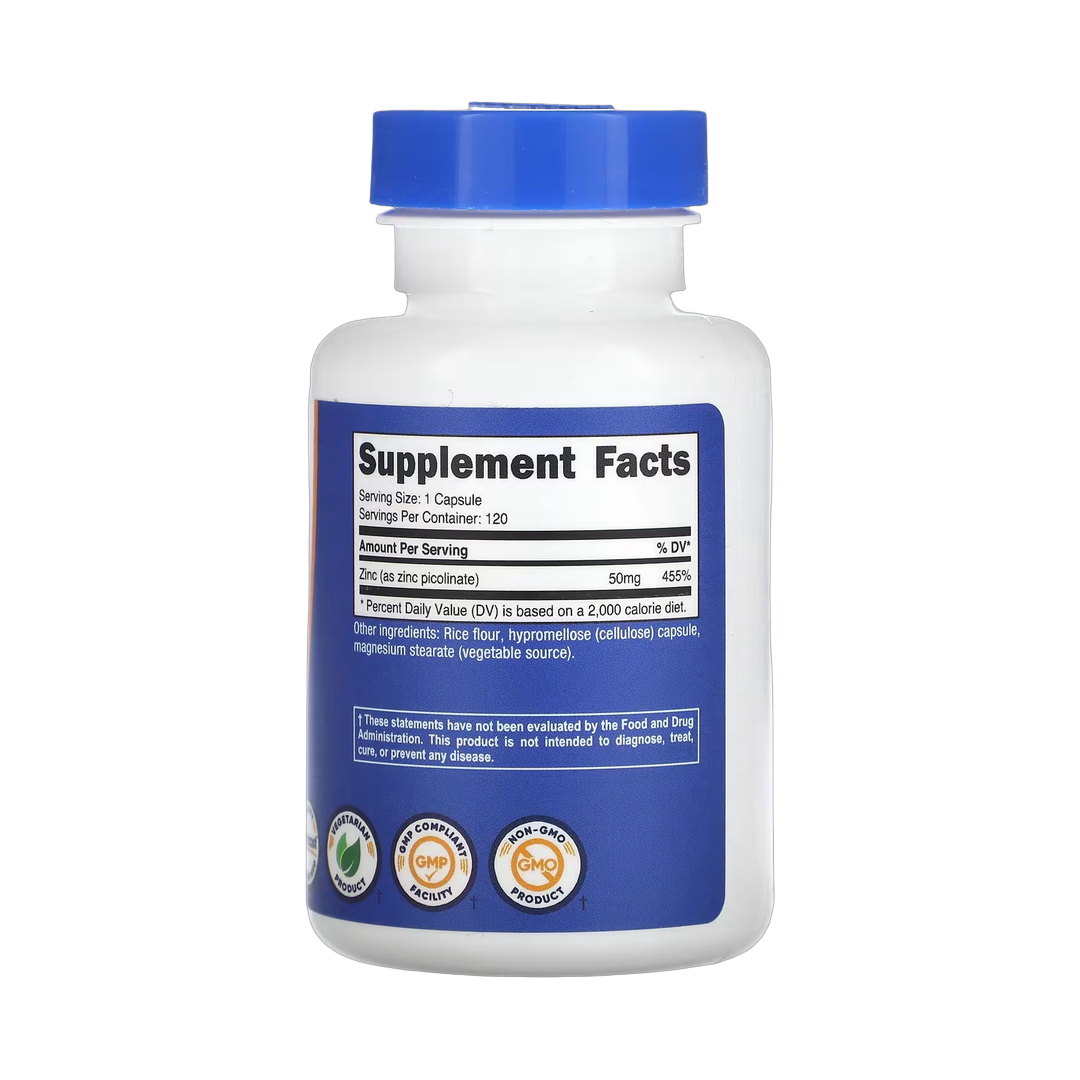 Nutricost, Zinc Picolinate, 50 mg, 120 Capsules back packaging view