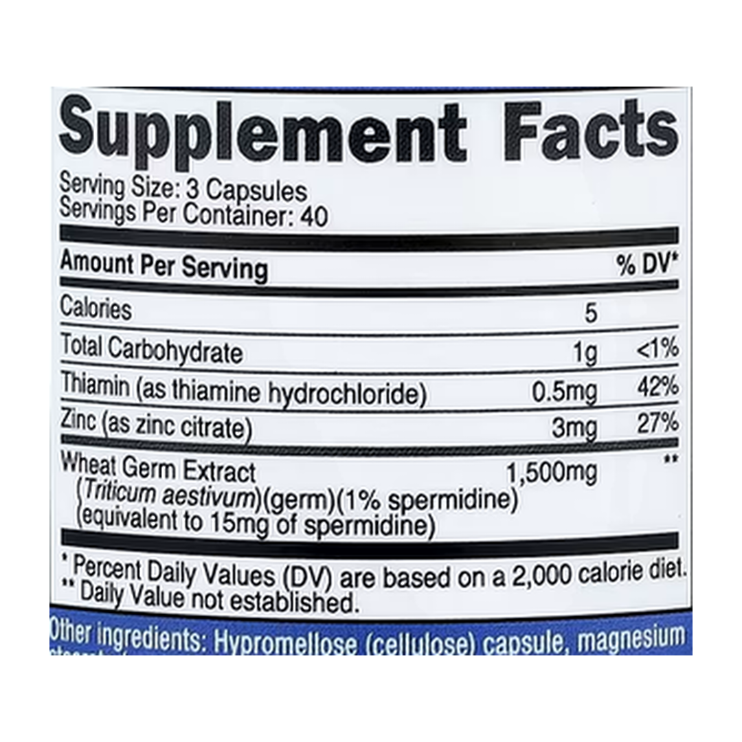 Nutricost, Spermidine Wheat Germ, 120 Capsules supplement facts label showing ingredients, vitamins, minerals, and serving information