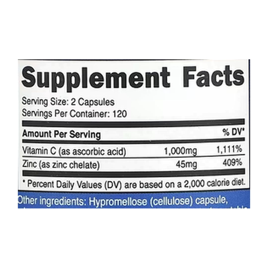 Nutricost, Vitamin C with Zinc, 240 Capsules supplement facts label showing ingredients, vitamins, minerals, and serving information