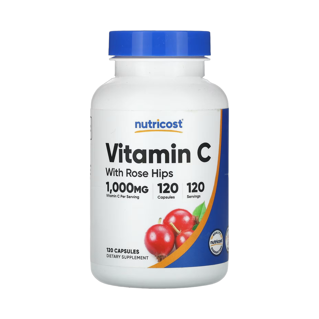 Nutricost, Vitamin C With Rose Hips, 1,000 mg, 120 Capsules front packaging view