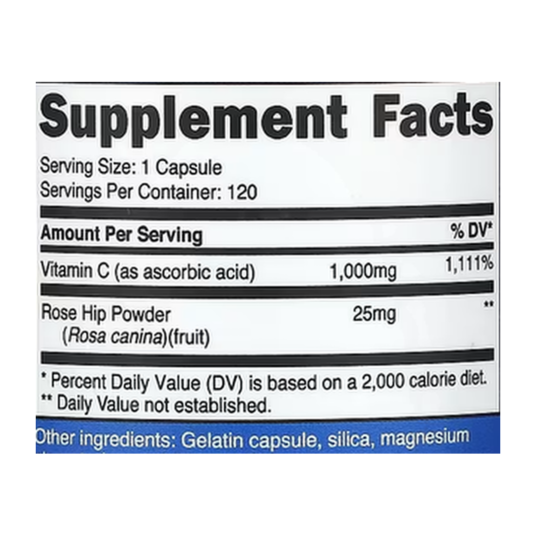 Nutricost, Vitamin C With Rose Hips, 1,000 mg, 120 Capsules supplement facts label showing ingredients, vitamins, minerals, and serving information
