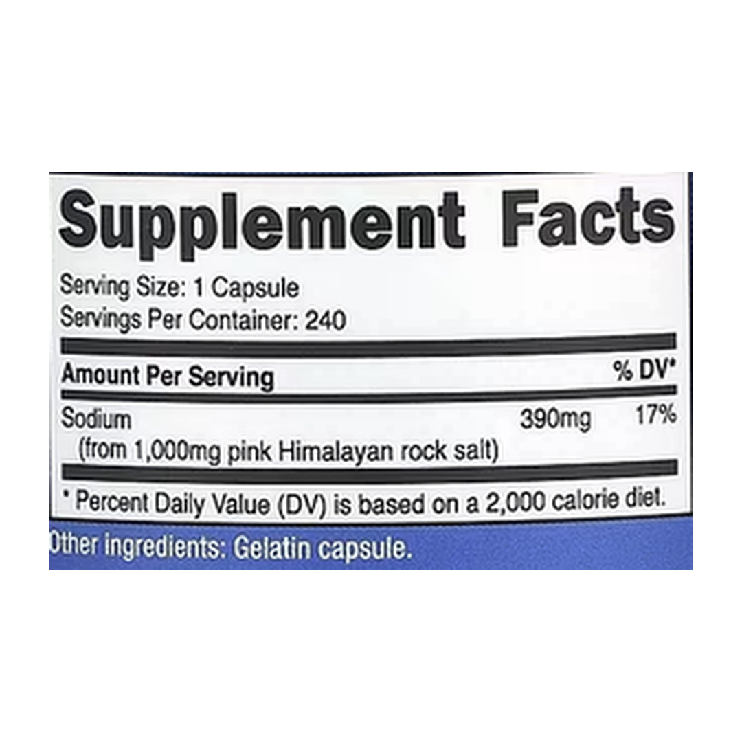 Nutricost, Himalayan Salt , 1,000 mg , 240 Capsules supplement facts label showing ingredients, vitamins, minerals, and serving information