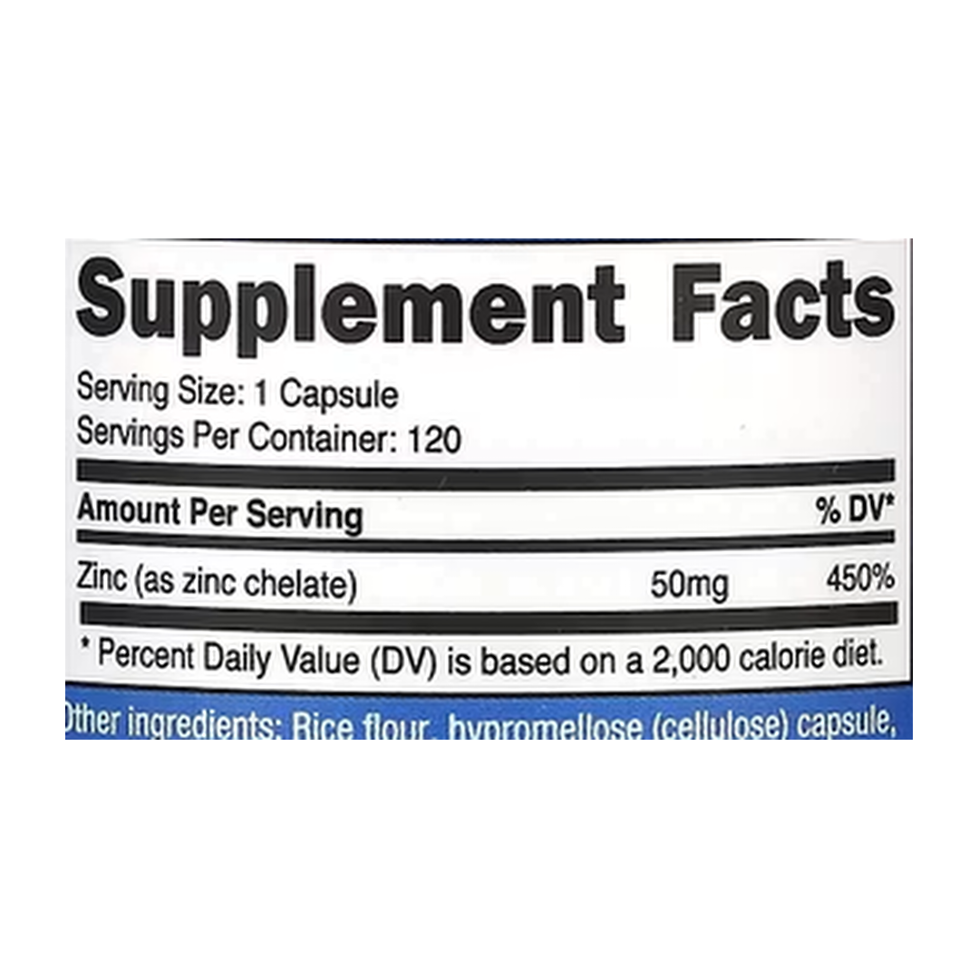 Nutricost, Zinc Chelate, 50 mg, 120 Capsules supplement facts label showing ingredients, vitamins, minerals, and serving information