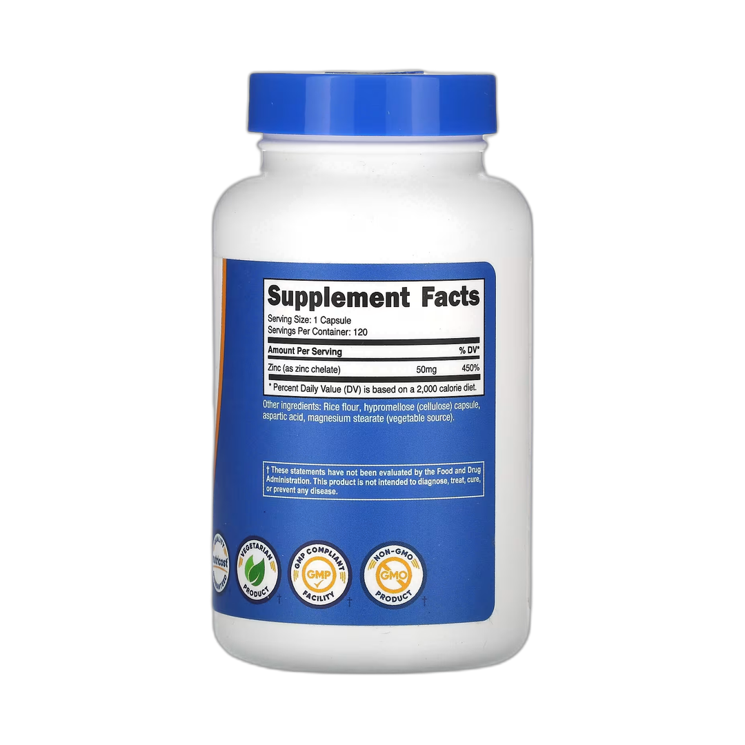 Nutricost, Zinc Chelate, 50 mg, 120 Capsules back packaging view