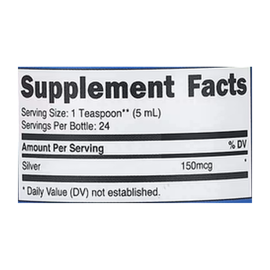 Nutricost, Colloidal Silver, Unflavored, 30 PPM, 4 fl oz, 118 ml supplement facts label showing ingredients, vitamins, minerals, and serving information