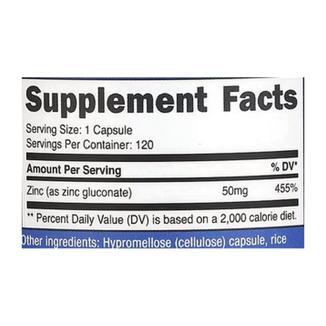 Nutricost, Zinc Gluconate, 50 mg, 120 Capsules supplement facts label showing ingredients, vitamins, minerals, and serving information