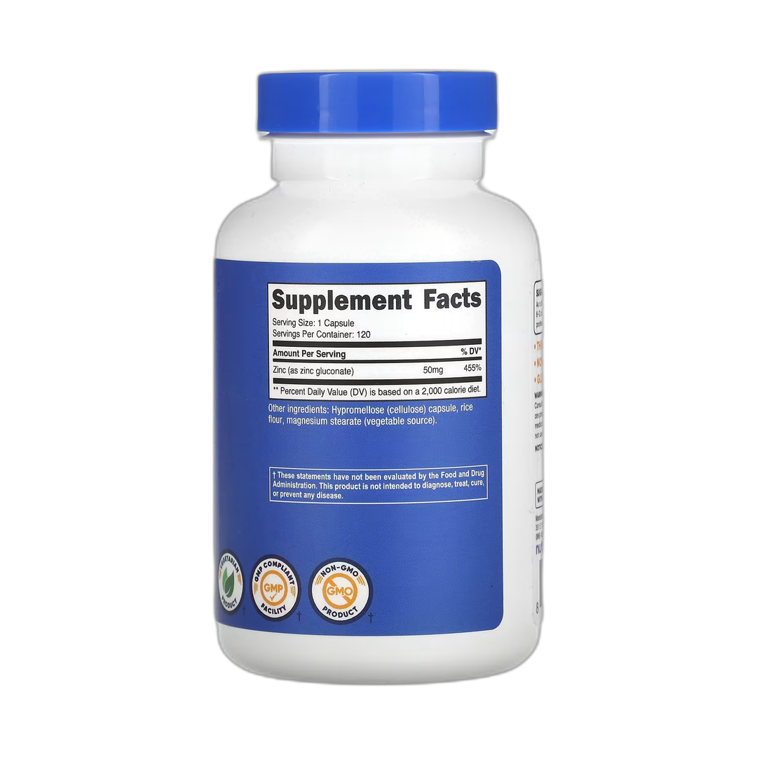 Nutricost, Zinc Gluconate, 50 mg, 120 Capsules back packaging view