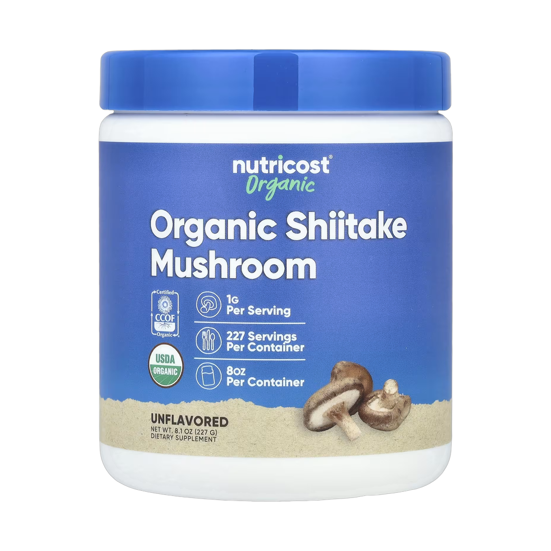 Nutricost, Organic Shiitake Mushroom Powder, Unflavored, 8 oz front packaging view