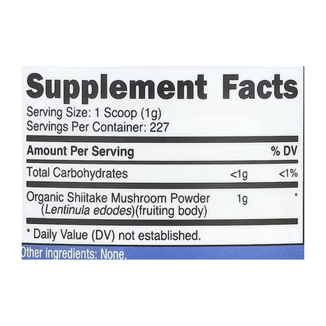 Nutricost, Organic Shiitake Mushroom Powder, Unflavored, 8 oz supplement facts label showing ingredients, vitamins, minerals, and serving information