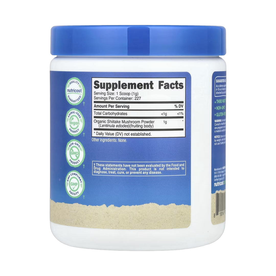 Nutricost, Organic Shiitake Mushroom Powder, Unflavored, 8 oz back packaging view