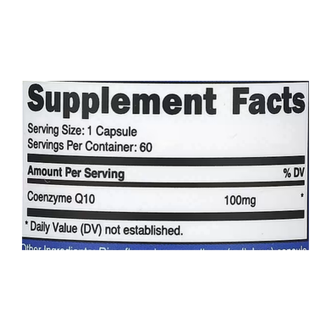 Nutricost, CoQ10, 100 mg, 60 Capsules supplement facts label showing ingredients, vitamins, minerals, and serving information
