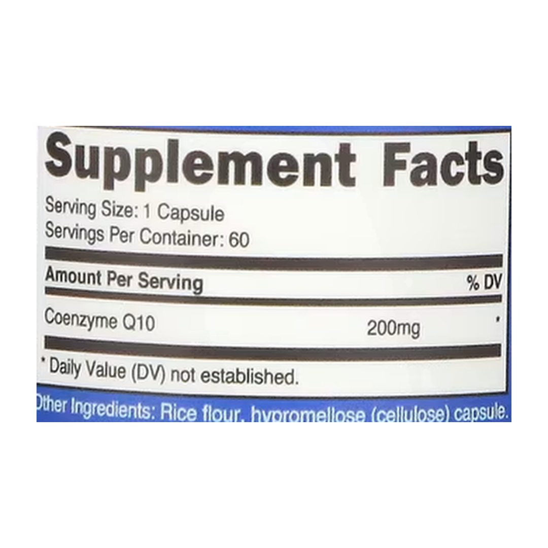 Nutricost, CoQ10, 200 mg, 60 Capsules supplement facts label showing ingredients, vitamins, minerals, and serving information