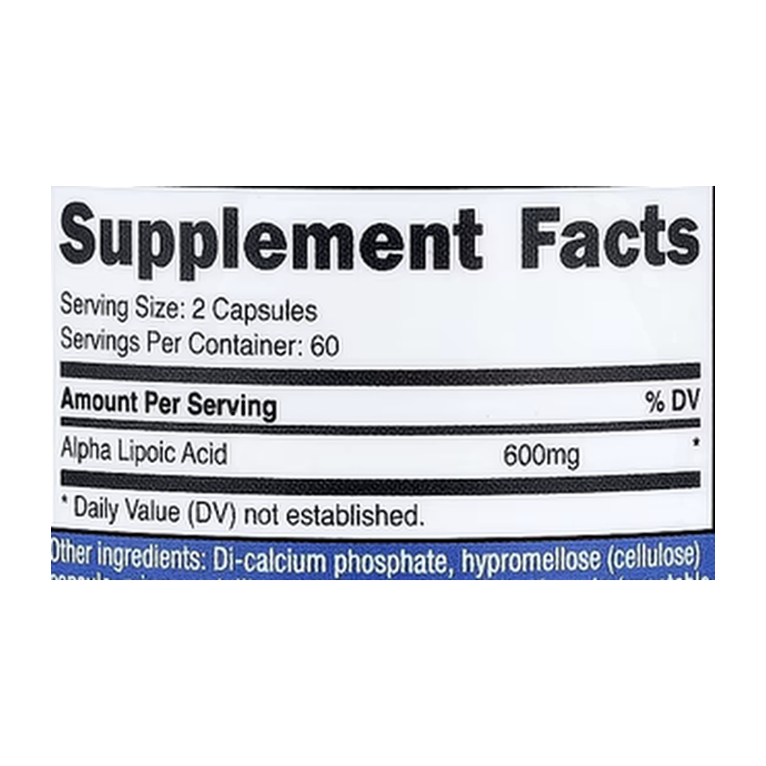 Nutricost, Alpha Lipoic Acid, 120 Capsules supplement facts label showing ingredients, vitamins, minerals, and serving information