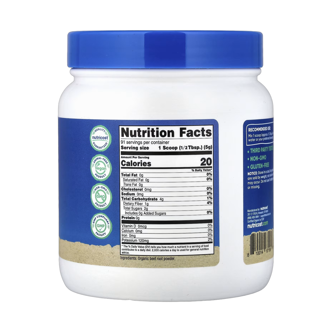 Nutricost, Organic Beet Root Powder, Unflavored, 16 oz, 454 g back packaging view