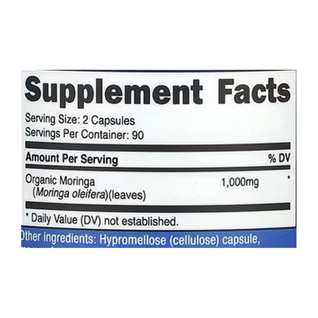 Nutricost, Moringa, 180 Capsules supplement facts label showing ingredients, vitamins, minerals, and serving information