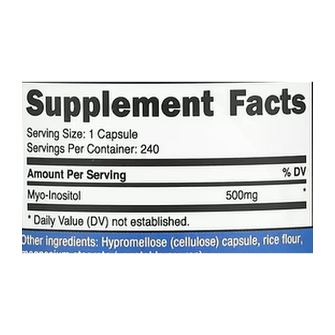 Nutricost, Inositol, 500 mg, 240 Capsules supplement facts label showing ingredients, vitamins, minerals, and serving information