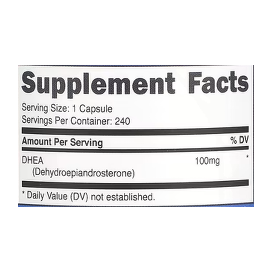 Nutricost, DHEA , 100 mg , 240 Capsules supplement facts label showing ingredients, vitamins, minerals, and serving information