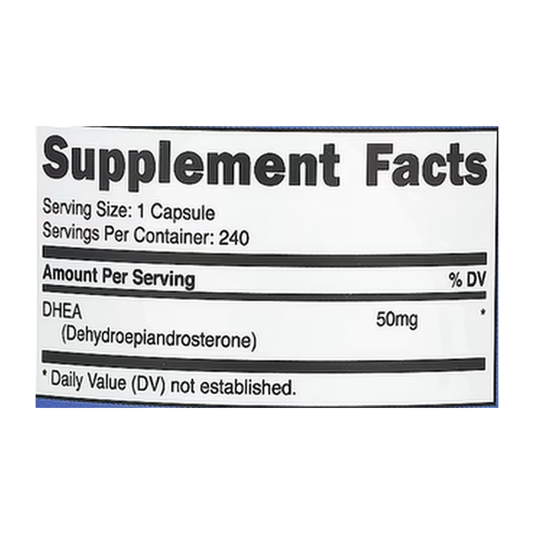 Nutricost, DHEA, 50 mg, 240 Capsules supplement facts label showing ingredients, vitamins, minerals, and serving information