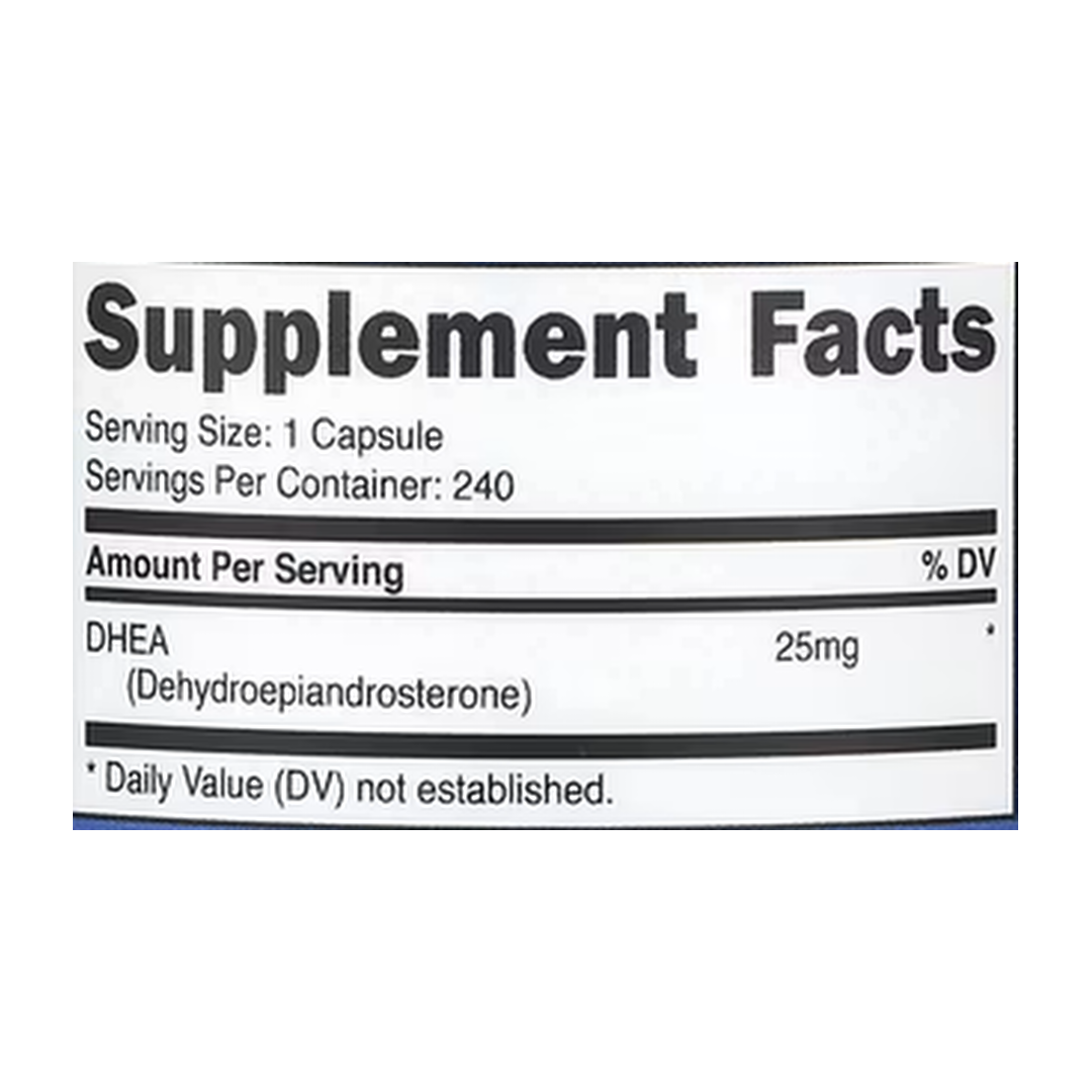 Nutricost, DHEA, 25 mg, 240 Capsules supplement facts label showing ingredients, vitamins, minerals, and serving information