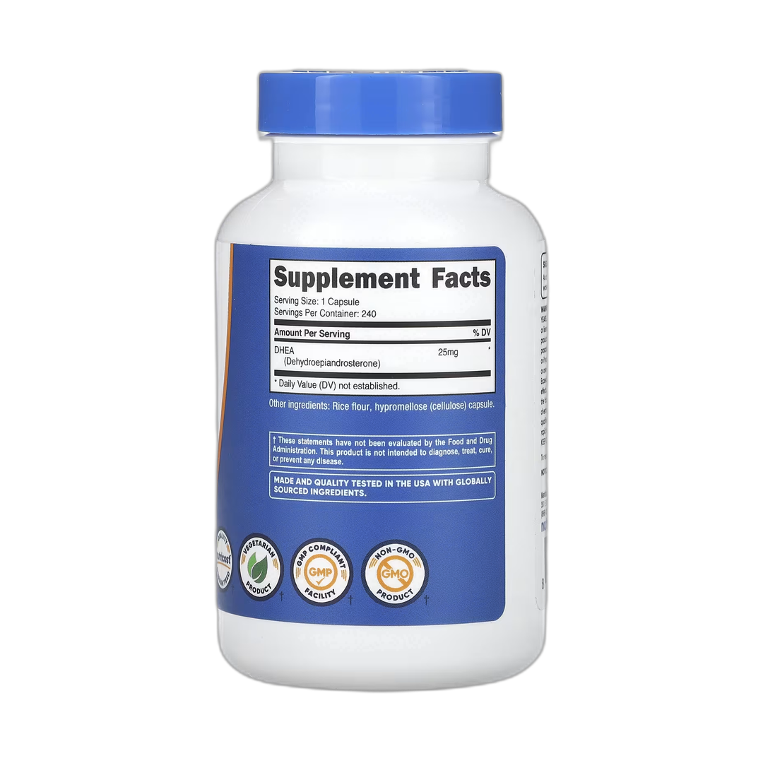 Nutricost, DHEA, 25 mg, 240 Capsules back packaging view