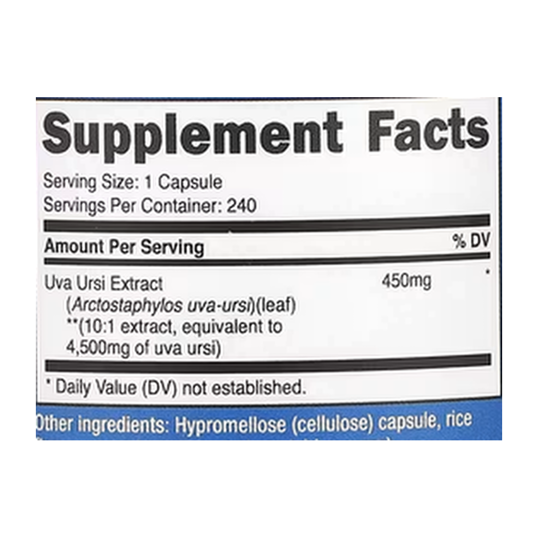 Nutricost, Uva Ursi, 4,500 mg, 240 Capsules supplement facts label showing ingredients, vitamins, minerals, and serving information