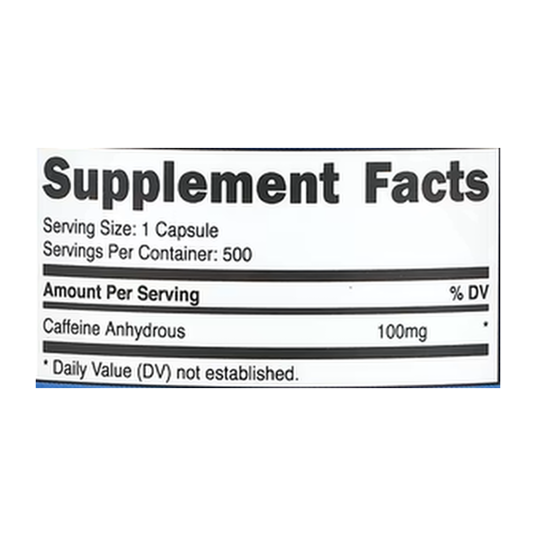 Nutricost, Caffeine , 100 mg , 500 Capsules supplement facts label showing ingredients, vitamins, minerals, and serving information