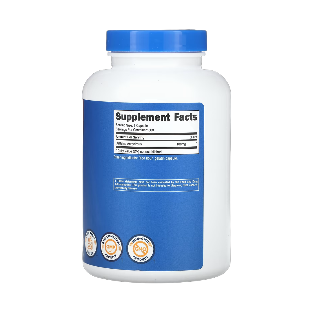 Nutricost, Caffeine , 100 mg , 500 Capsules back packaging view
