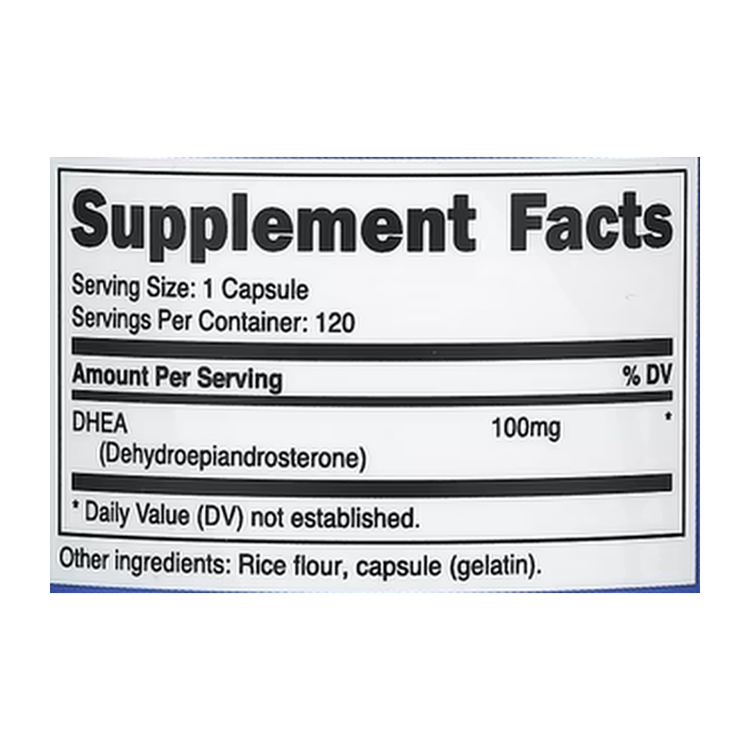 Nutricost, DHEA, 100 mg , 120 Capsules supplement facts label showing ingredients, vitamins, minerals, and serving information