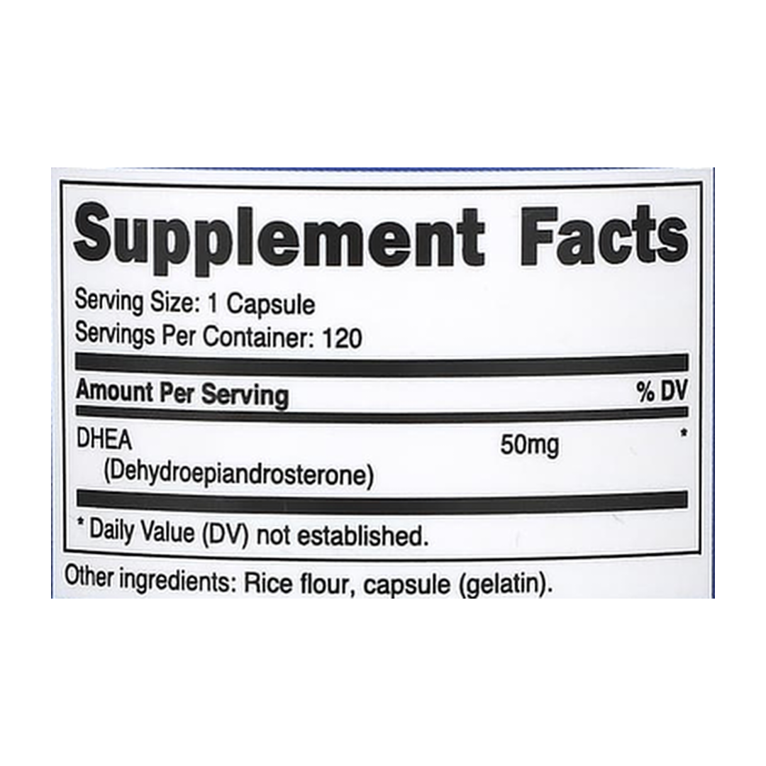 Nutricost, DHEA, 50 mg, 120 Capsules supplement facts label showing ingredients, vitamins, minerals, and serving information