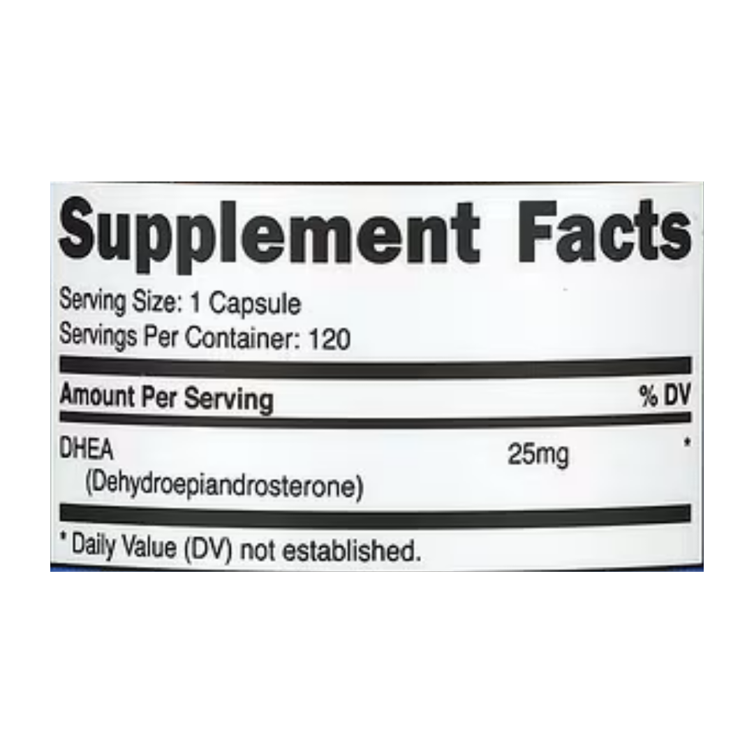 Nutricost, DHEA, 25 mg, 120 Capsules supplement facts label showing ingredients, vitamins, minerals, and serving information