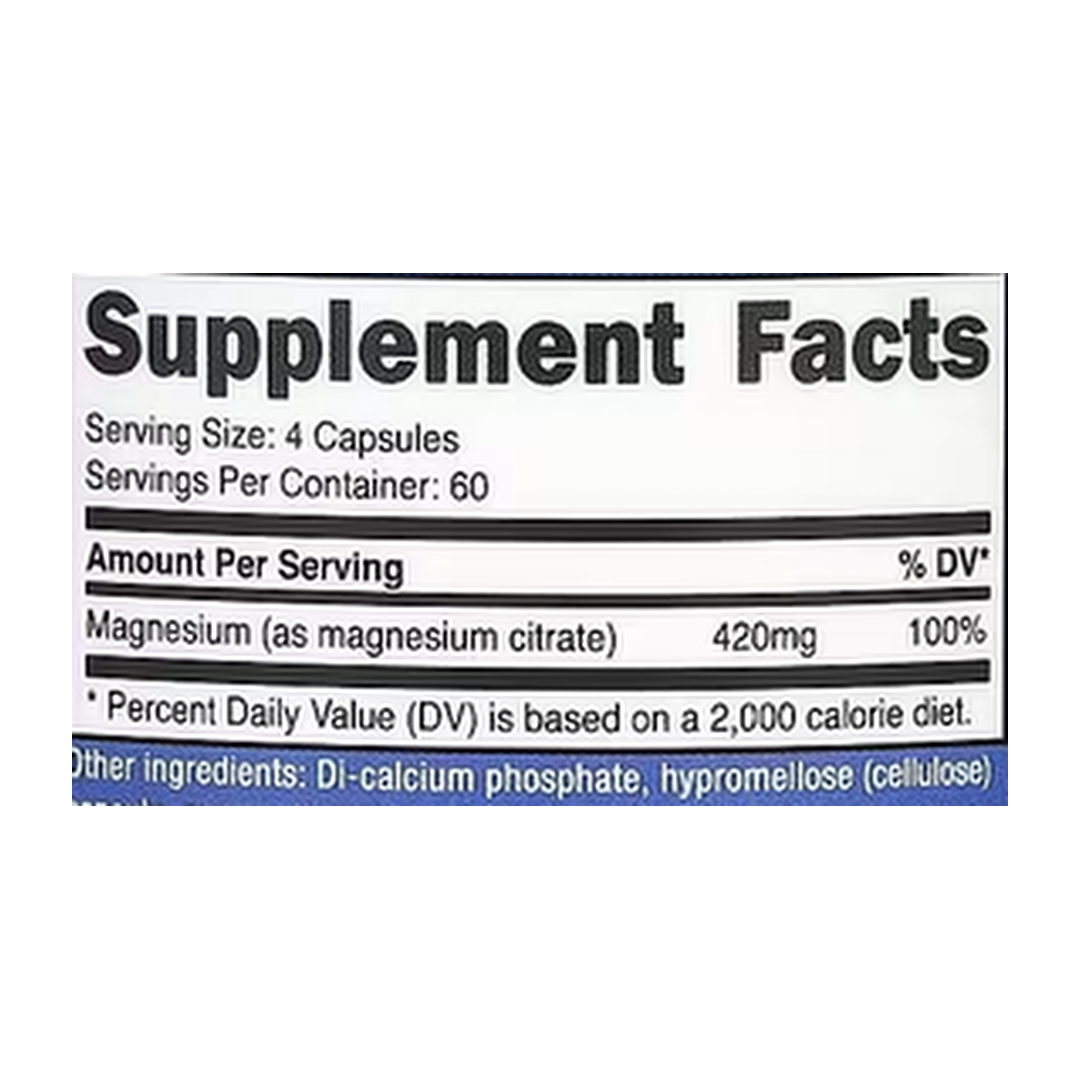 Nutricost, Magnesium Citrate, 240 Capsules supplement facts label showing ingredients, vitamins, minerals, and serving information