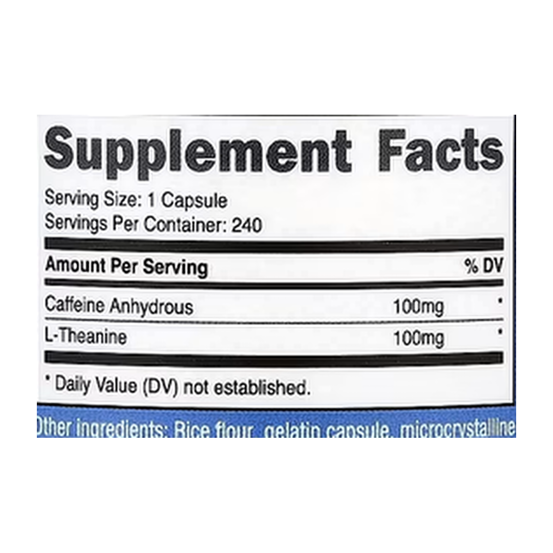 Nutricost, Caffeine with L-Theanine, 240 Capsules supplement facts label showing ingredients, vitamins, minerals, and serving information