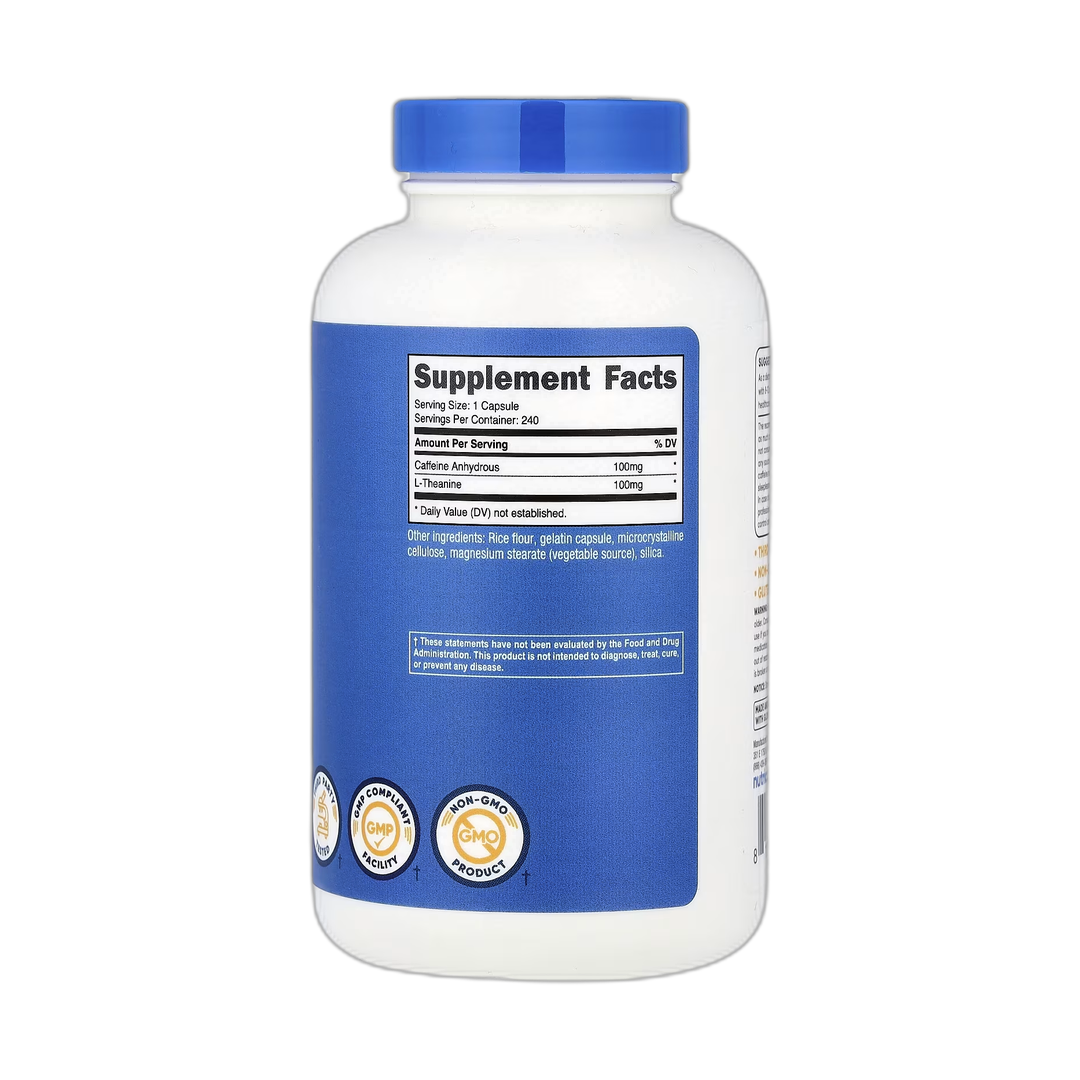 Nutricost, Caffeine with L-Theanine, 240 Capsules back packaging view