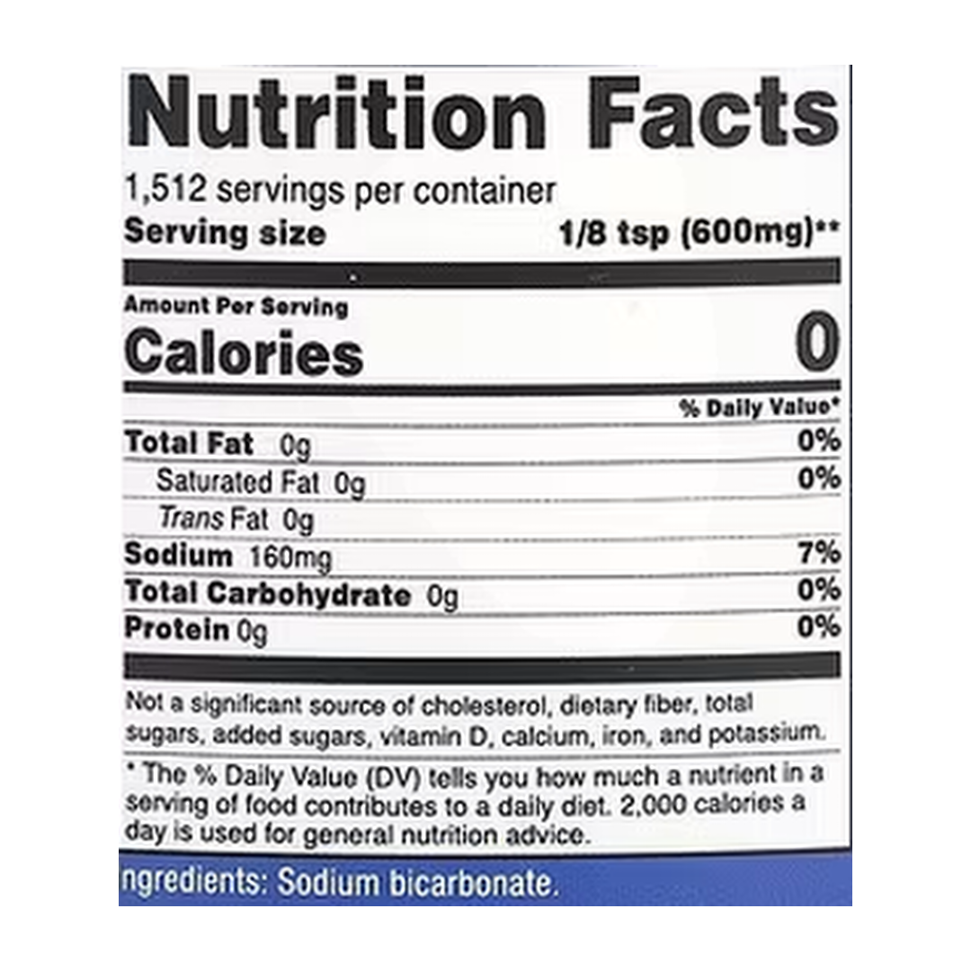 Nutricost, Sodium Bicarbonate Powder, Unflavored, 2 lb, 907 g supplement facts label showing ingredients, vitamins, minerals, and serving information