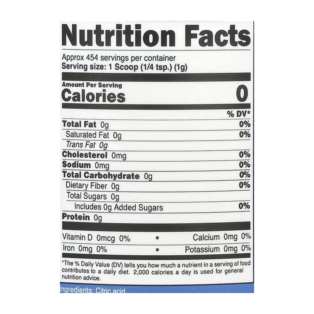 Nutricost, Citric Acid, Unflavored, 16.2 oz, 454 g supplement facts label showing ingredients, vitamins, minerals, and serving information