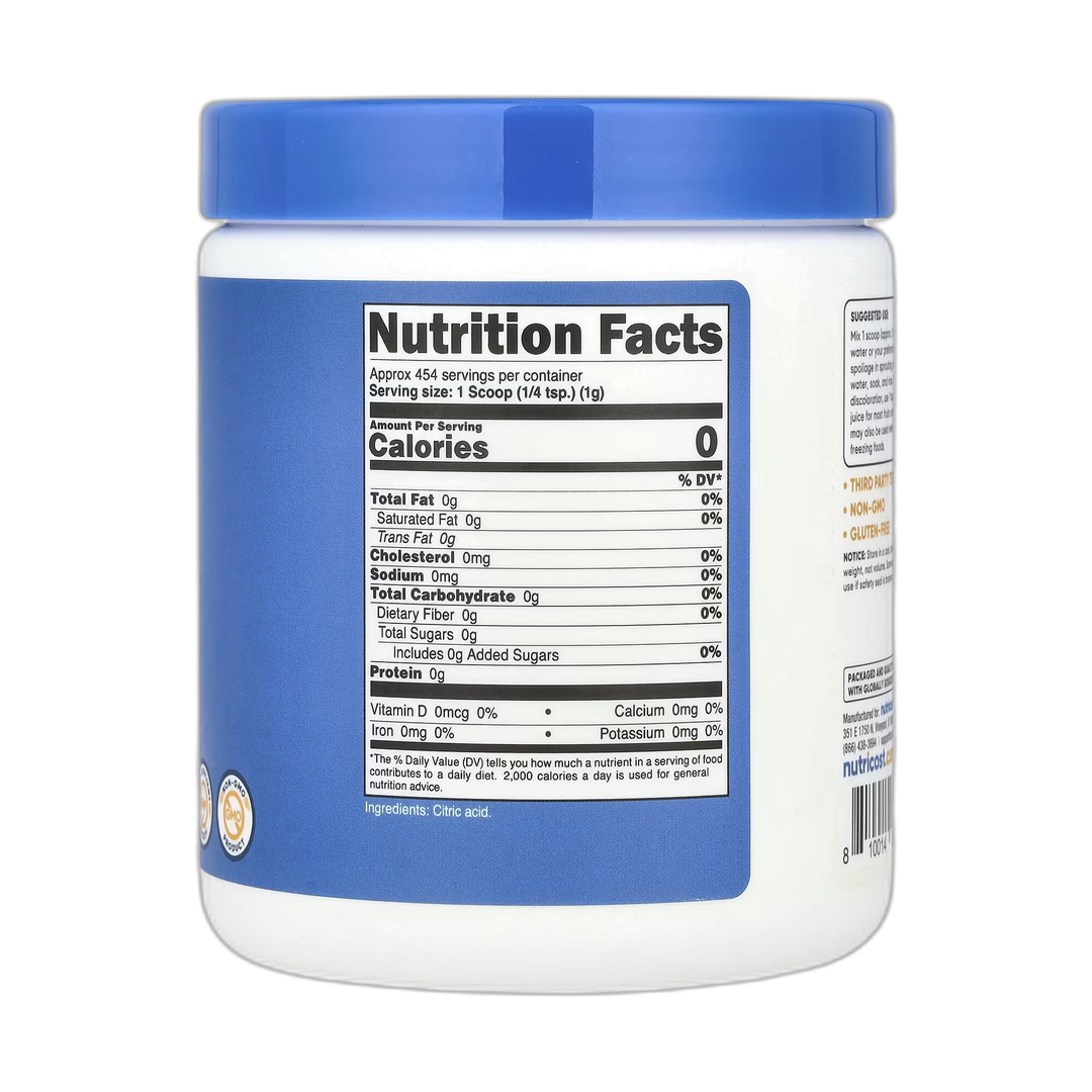 Nutricost, Citric Acid, Unflavored, 16.2 oz, 454 g back packaging view
