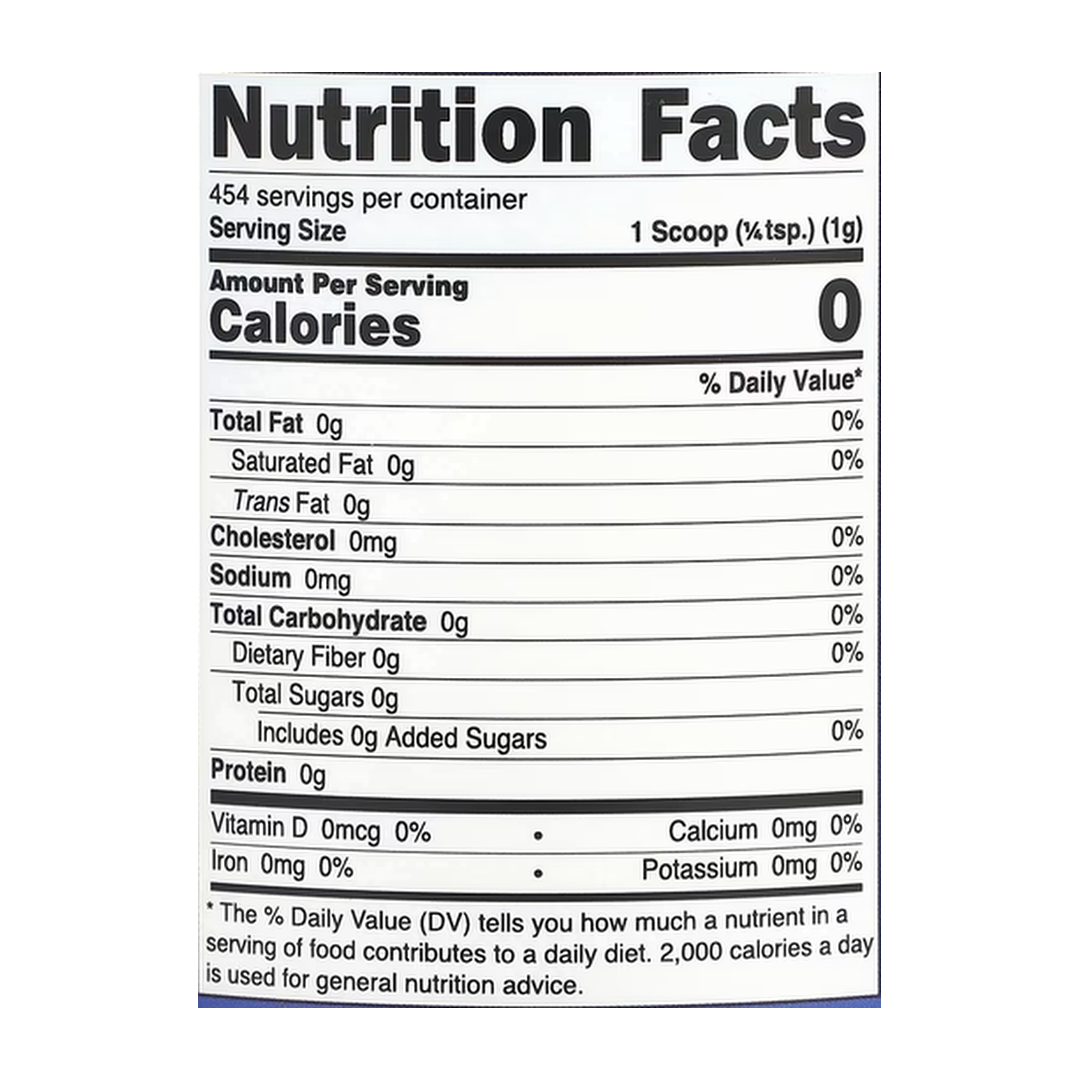 Nutricost, Malic Acid, Unflavored, 16 oz, 454 g supplement facts label showing ingredients, vitamins, minerals, and serving information
