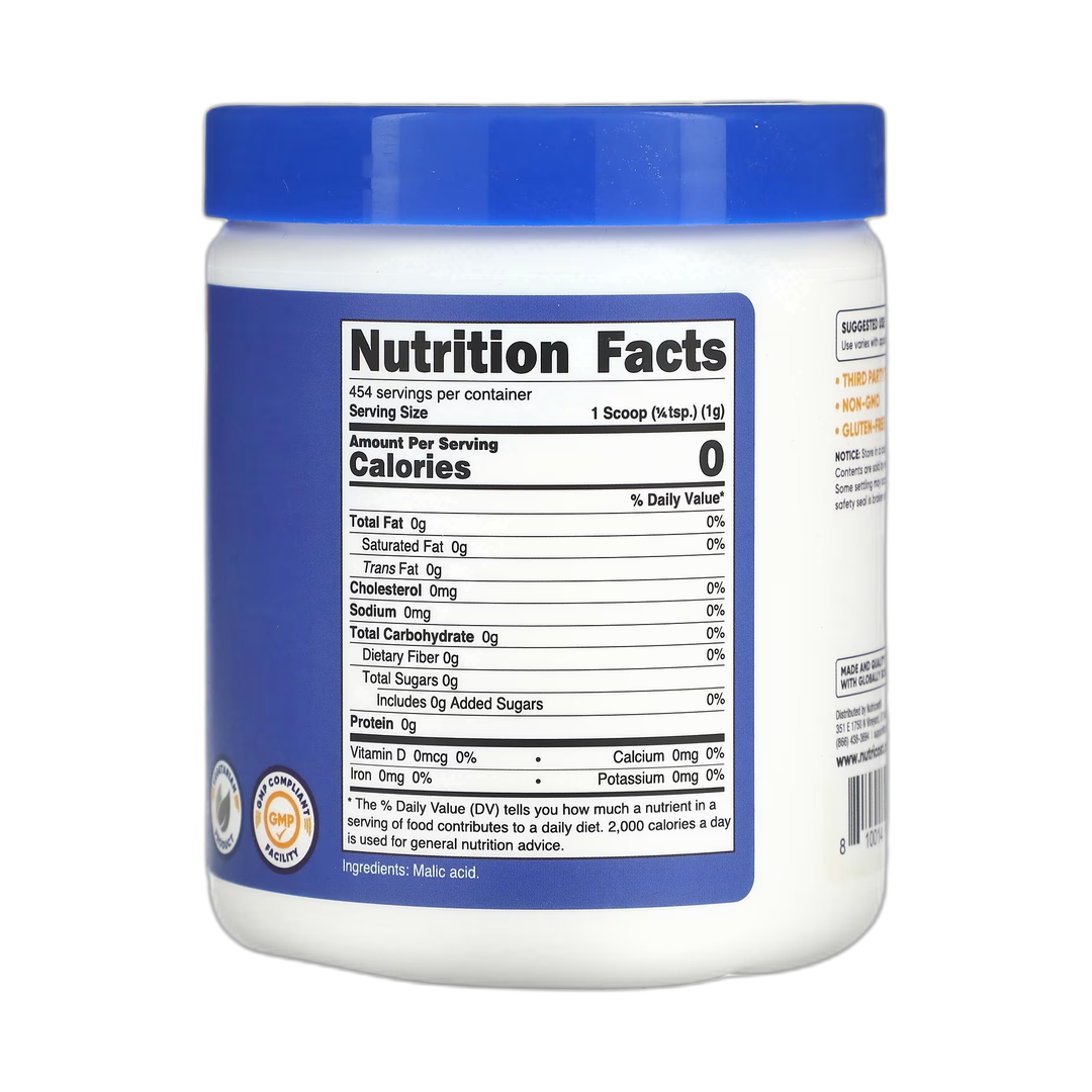 Nutricost, Malic Acid, Unflavored, 16 oz, 454 g back packaging view
