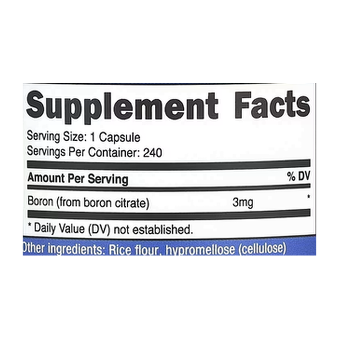 Nutricost, Boron, 3 mg, 240 Capsules supplement facts label showing ingredients, vitamins, minerals, and serving information