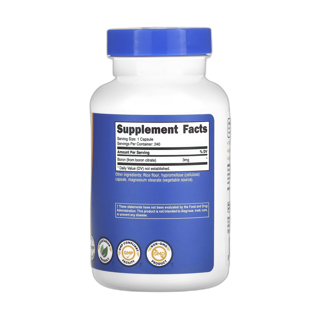 Nutricost, Boron, 3 mg, 240 Capsules back packaging view