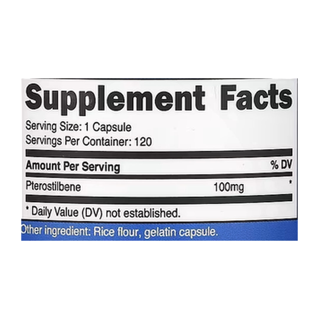 Nutricost, Pterostilbene, 100 mg, 120 Capsules supplement facts label showing ingredients, vitamins, minerals, and serving information
