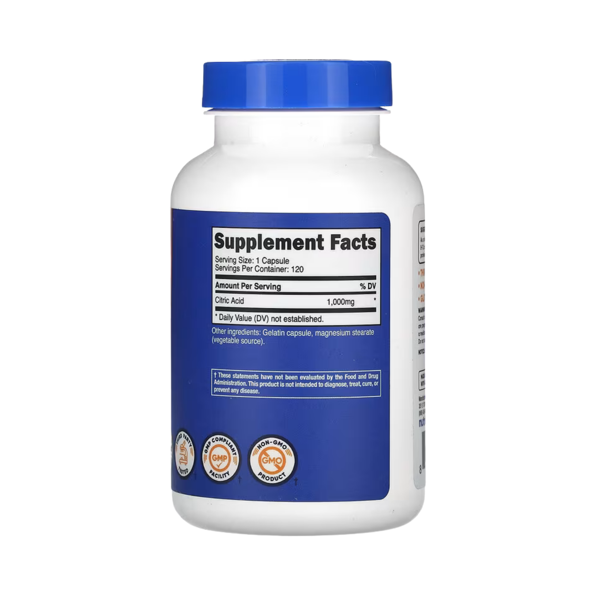 Nutricost, Citric Acid, 1,000 mg, 120 Capsules back packaging view
