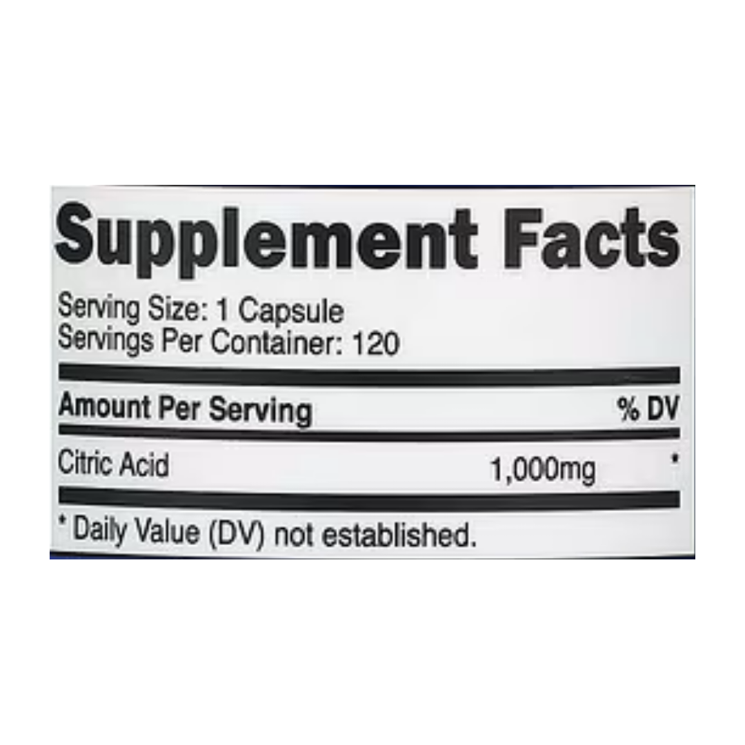 Nutricost, Citric Acid, 1,000 mg, 120 Capsules supplement facts label showing ingredients, vitamins, minerals, and serving information