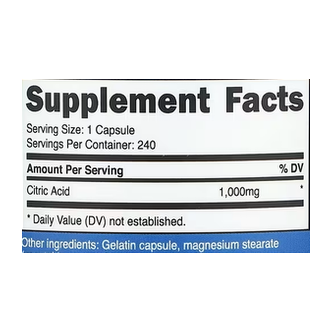 Nutricost, Citric Acid, 1,000 mg, 240 Capsules supplement facts label showing ingredients, vitamins, minerals, and serving information