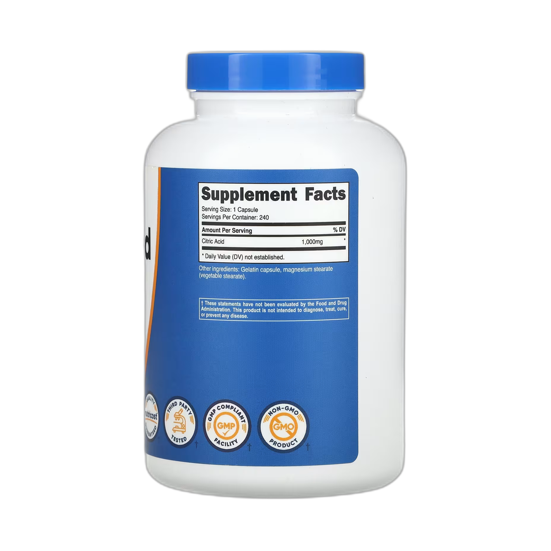Nutricost, Citric Acid, 1,000 mg, 240 Capsules back packaging view