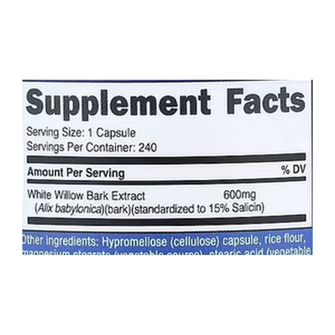 Nutricost, White Willow Bark, 600 mg, 240 Capsules supplement facts label showing ingredients, vitamins, minerals, and serving information